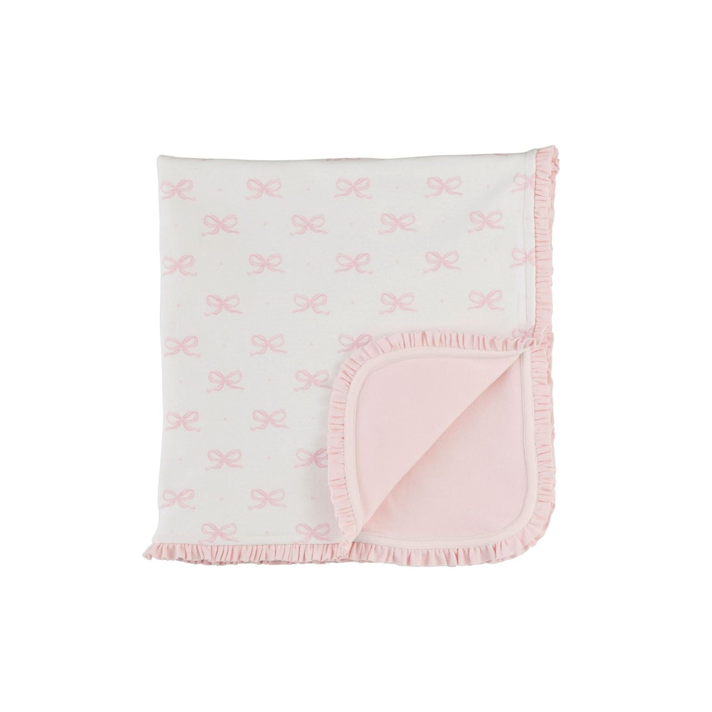 Soft white cotton blanket with pink bow pattern, ruffled edges, solid pink underside. Available in sizes S, M, L.
