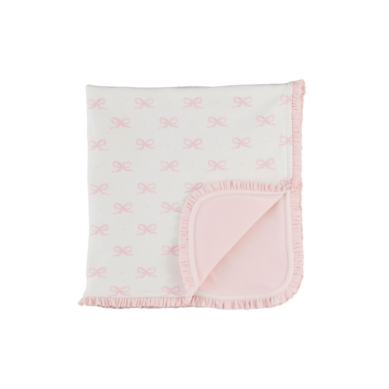 Soft white cotton blanket with pink bow pattern, ruffled edges, solid pink underside. Available in sizes S, M, L.
