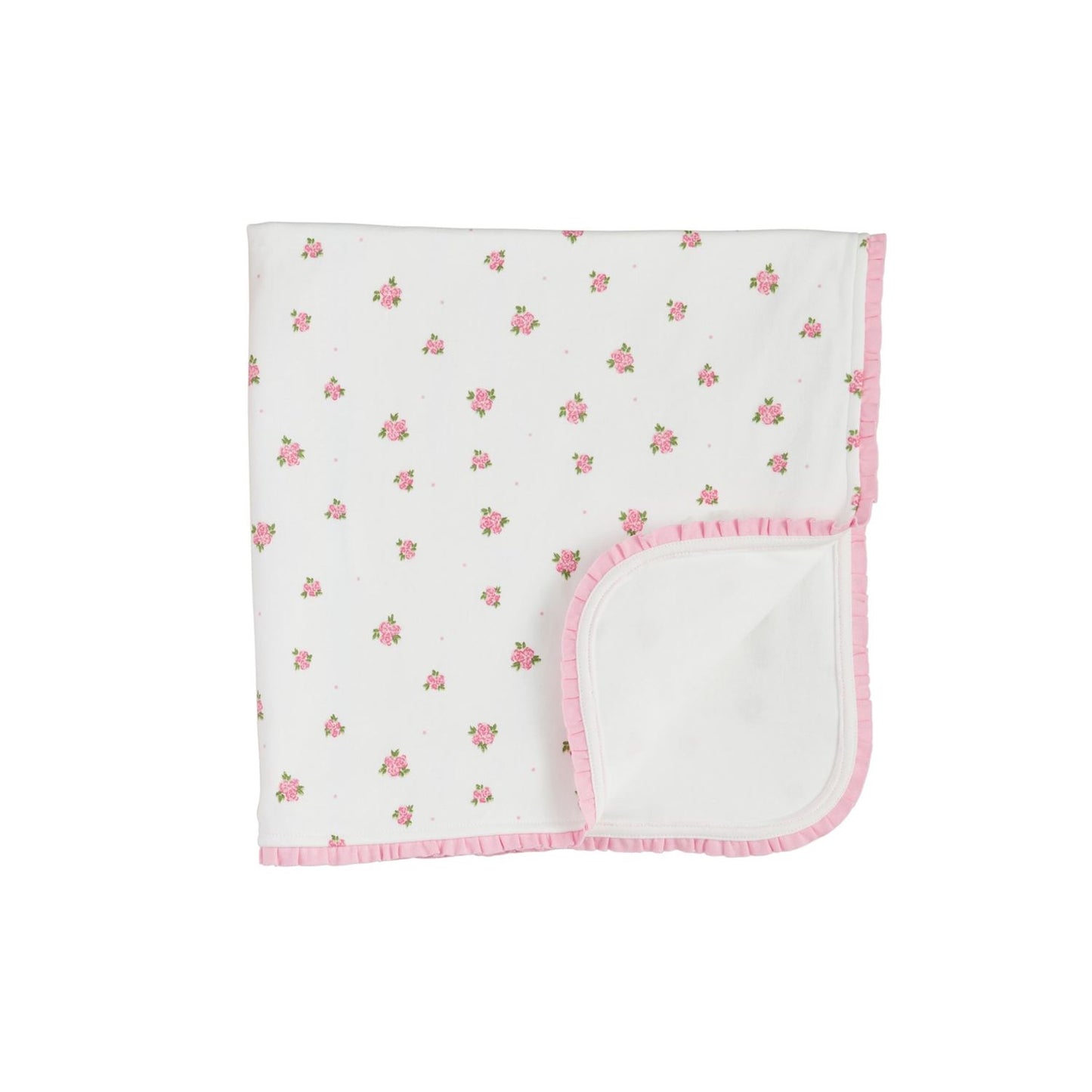 White cotton blanket with pink roses, pink ruffle edge, folded corner. Available in 30"x40" and 36"x48" sizes.