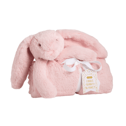 Soft pink bunny blanket with floppy ears, folded with white ribbon, "Cuddle Plush Blanket" tag. Sizes: Small, Medium, Large.