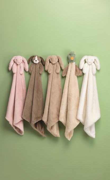 Cuddle Plush Blankets with bunny or duck heads, soft fabric in pink, brown, tan, white, and green. Sizes: S/M/L/XL.