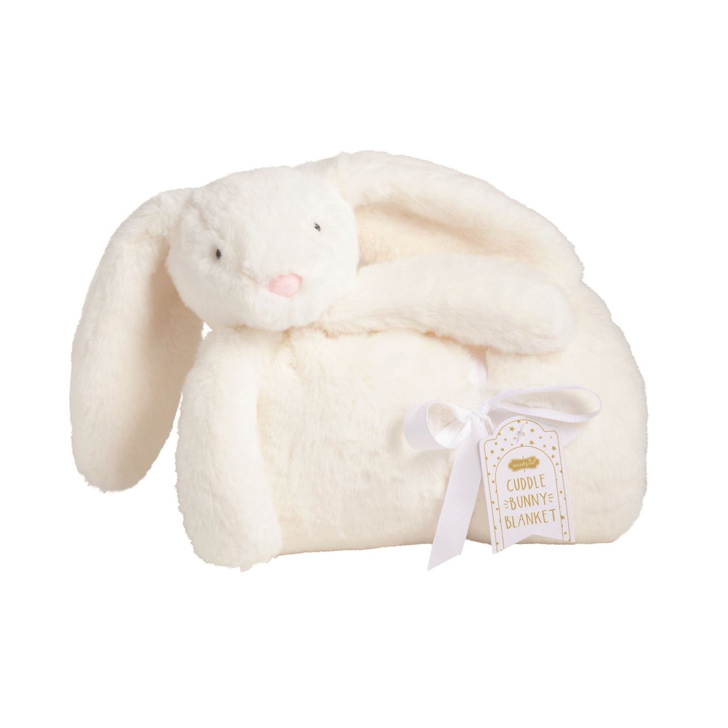Soft white plush bunny with floppy ears and matching Cuddle Plush Blanket. Available in small, medium, and large sizes.