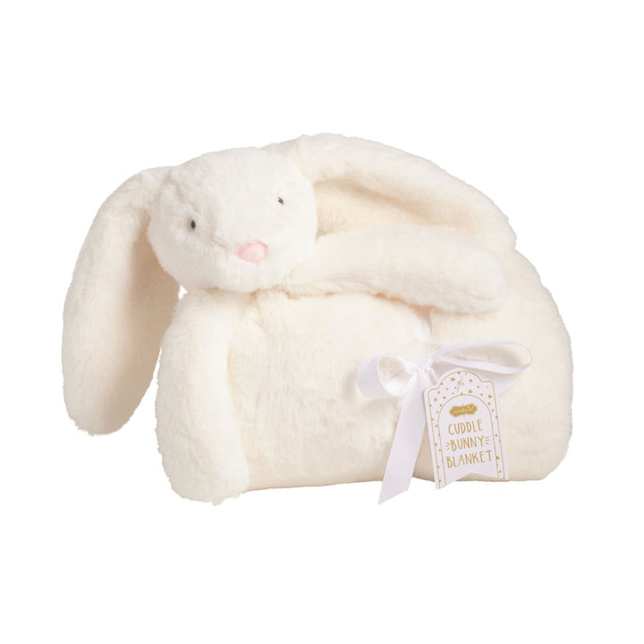 Soft white plush bunny with floppy ears and matching Cuddle Plush Blanket. Available in small, medium, and large sizes.
