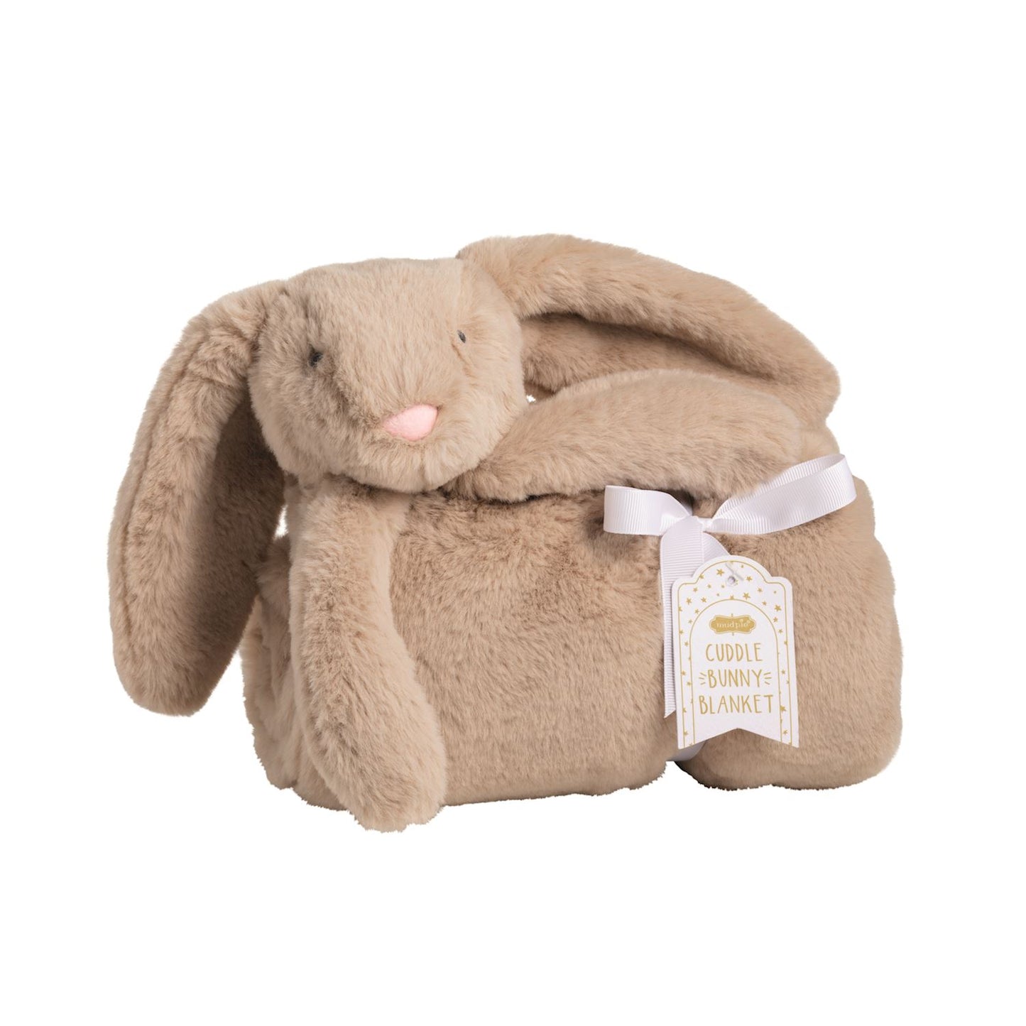 Beige plush bunny with long floppy ears holding faux fur baby blanket, white ribbon, "Cuddle Plush Blanket" tag. Sizes: S/M/L.