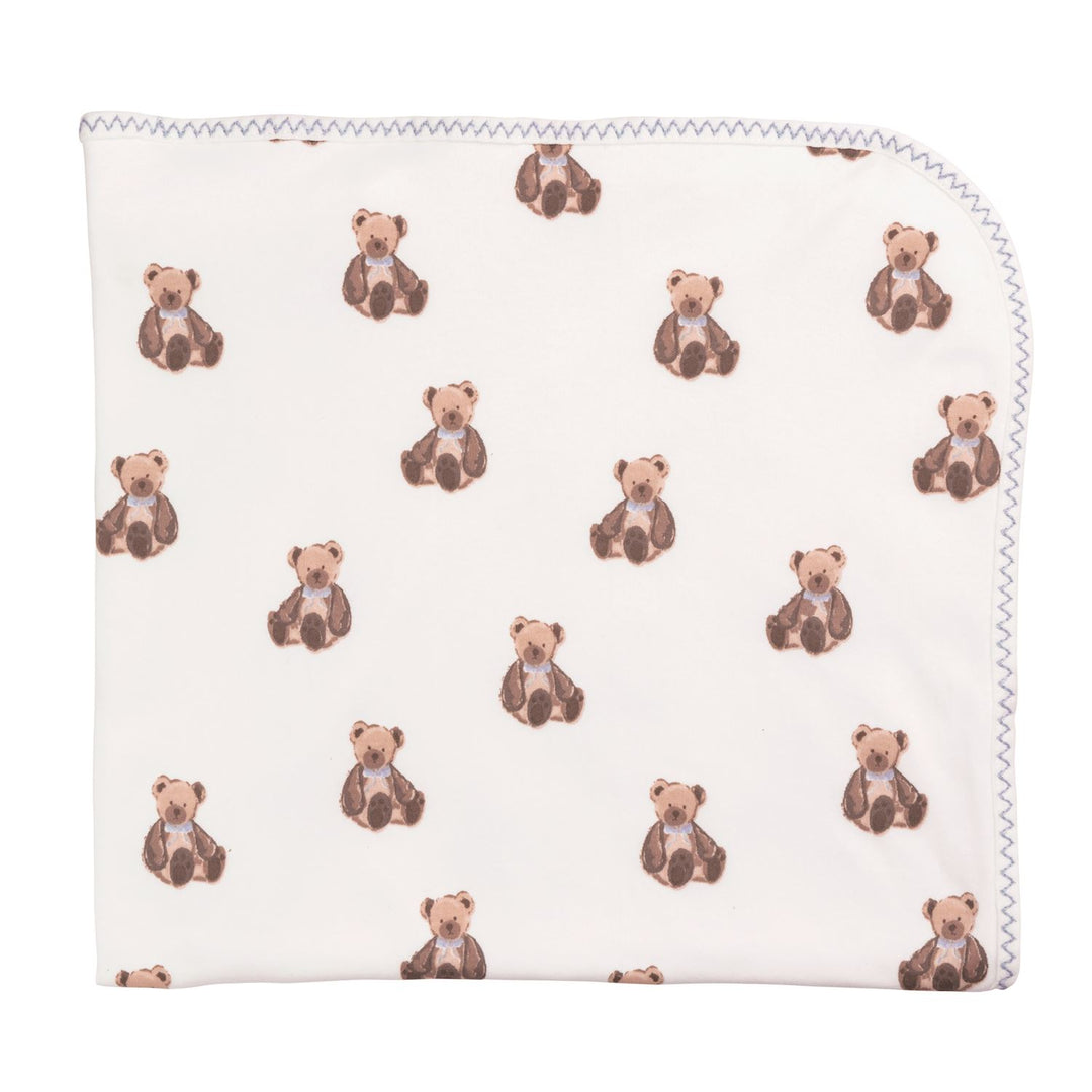 Soft blue cotton baby blanket with brown teddy bear pattern, zigzag edge. Available in 30"x40" and 36"x48".
