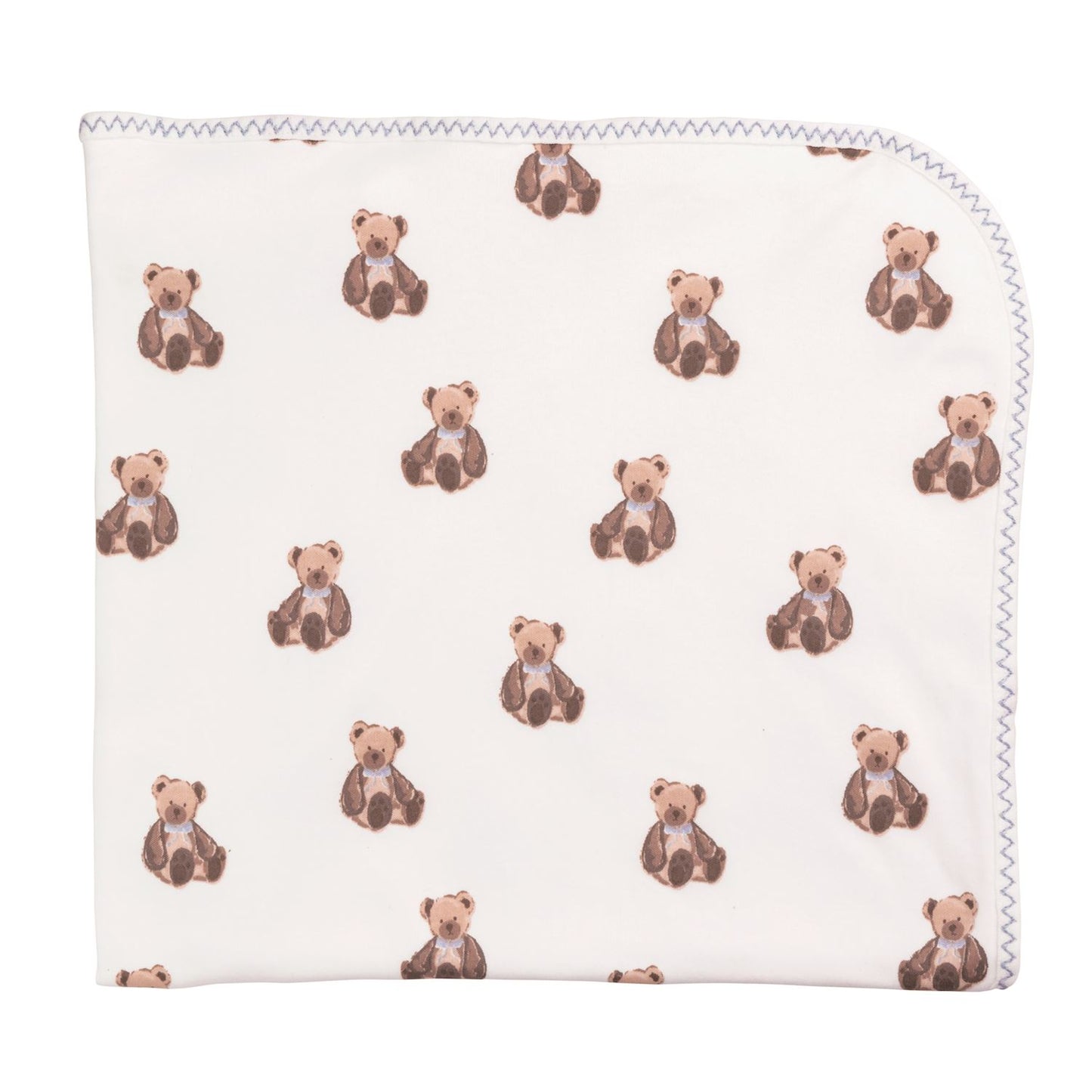 Soft blue cotton baby blanket with brown teddy bear pattern, zigzag edge. Available in 30"x40" and 36"x48".