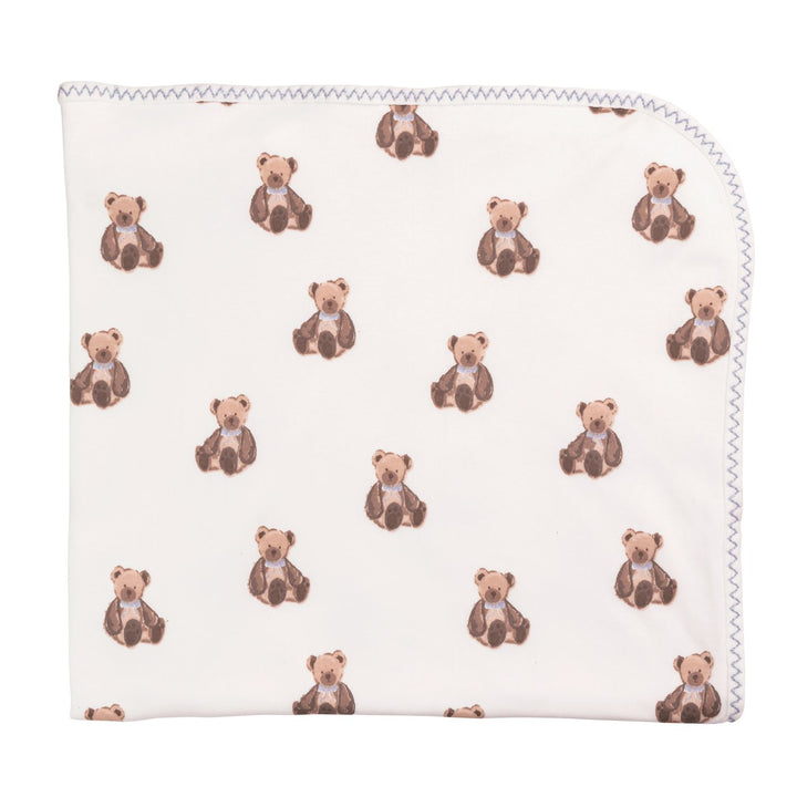 Soft blue cotton baby blanket with brown teddy bear pattern, zigzag edge. Available in 30"x40" and 36"x48".