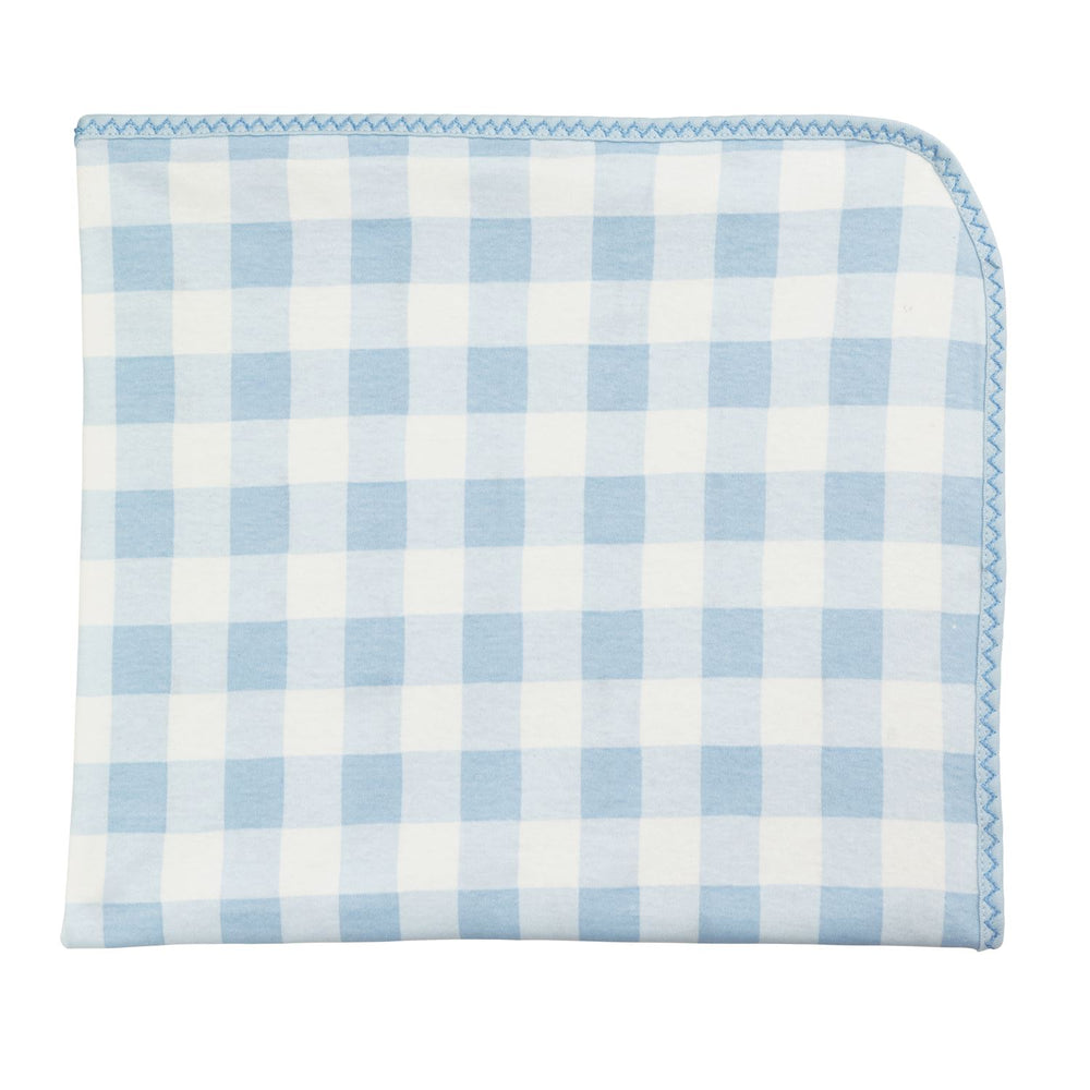 Folded cotton baby blanket with blue and white gingham pattern, stitched curved edge. Sizes available: small, medium, large.
