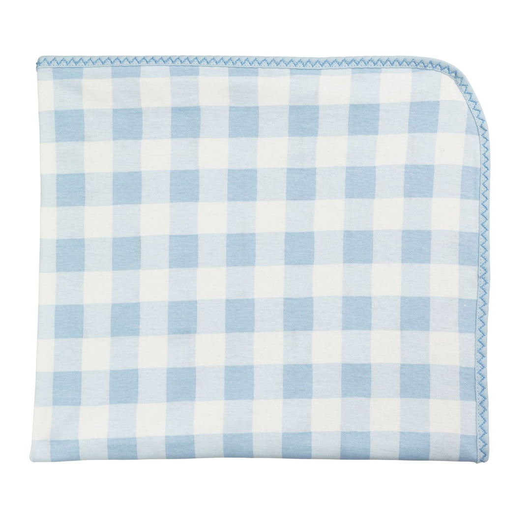 Folded cotton baby blanket with blue and white gingham pattern, stitched curved edge. Sizes available: small, medium, large.