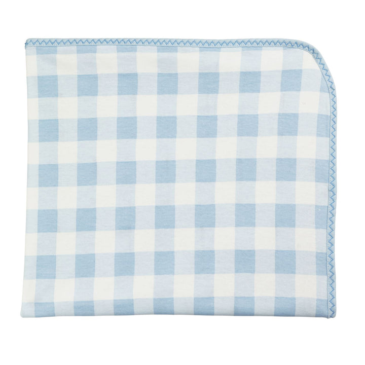 Folded cotton baby blanket with blue and white gingham pattern, stitched curved edge. Sizes available: small, medium, large.