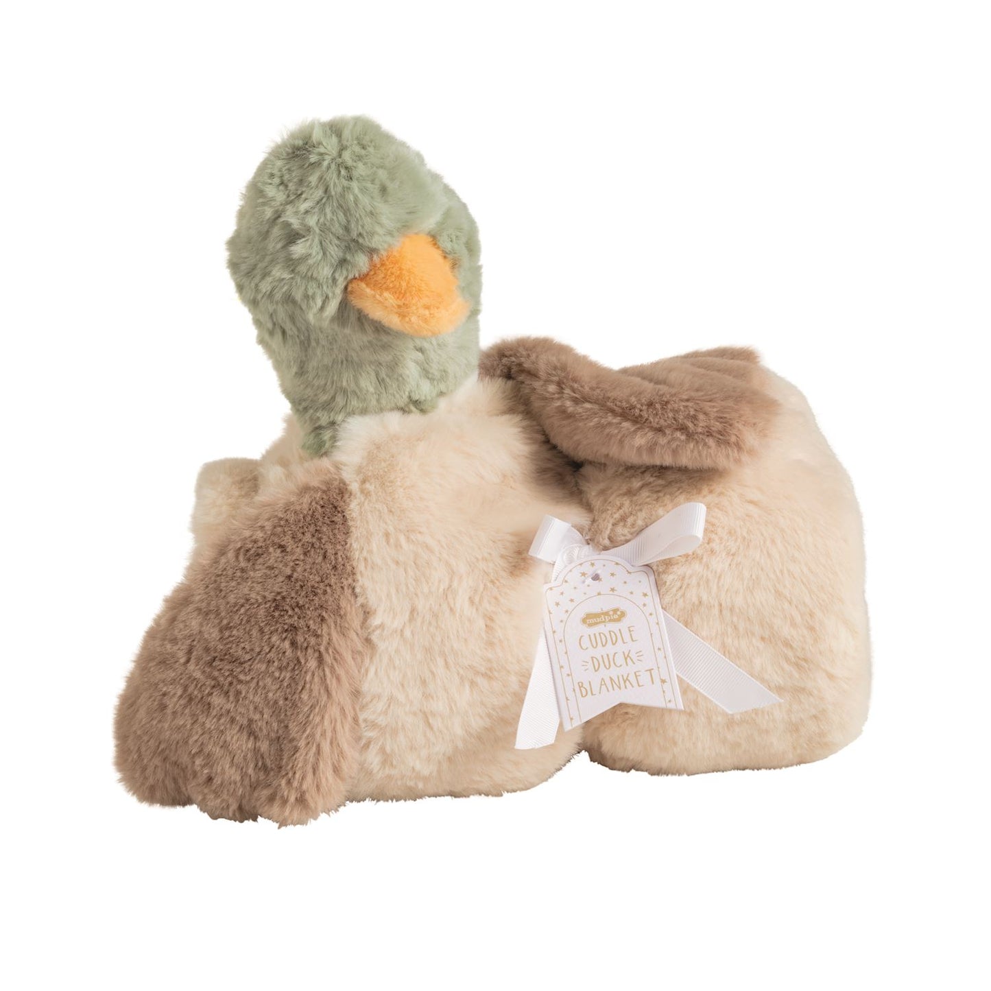 Plush toy duck with green head and orange beak wraps around beige faux fur baby blanket. Available in 30"x40".