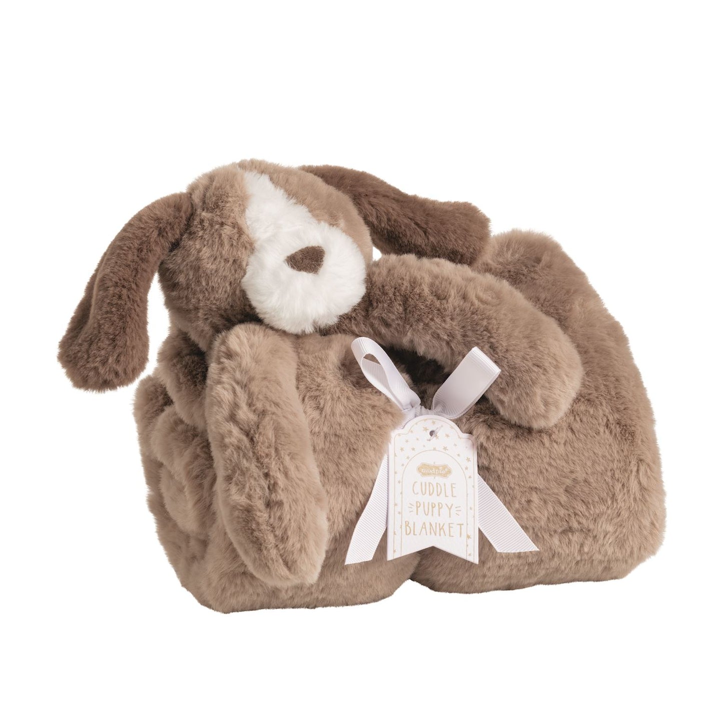 Cuddle Plush Blanket, tied with a white ribbon and tag. Available sizes: baby, toddler.