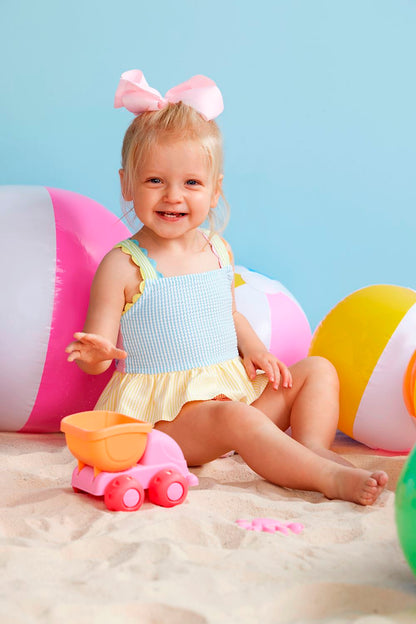 Girls' Seersucker Ric Rac Swimsuit, blue and yellow. Sizes available: 2T, 3T, 4T, 5T.