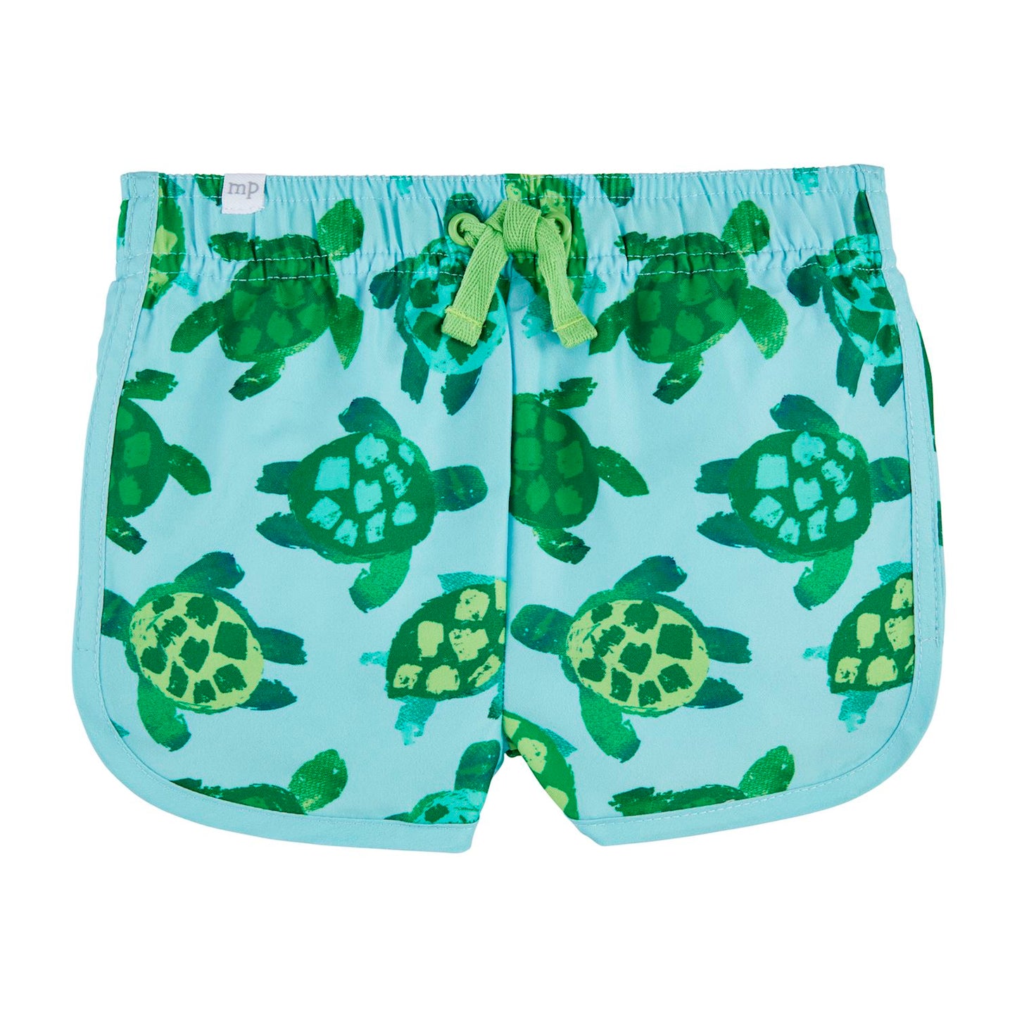 The Boys' Turtle Swim Trunks are blue with a playful green sea turtle pattern, made from quick-drying peached nylon. They feature an elastic waistband and green drawstring. Sizes available: S, M, L, XL.