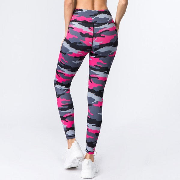 Fuchsia Camouflage Activewear High Rise Leggings, available in sizes XS-XL.