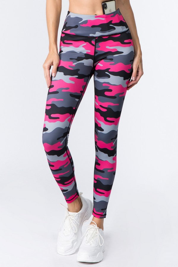 Fuchsia Camouflage High Rise Leggings with side pocket for phone. Available in sizes XS-XL.