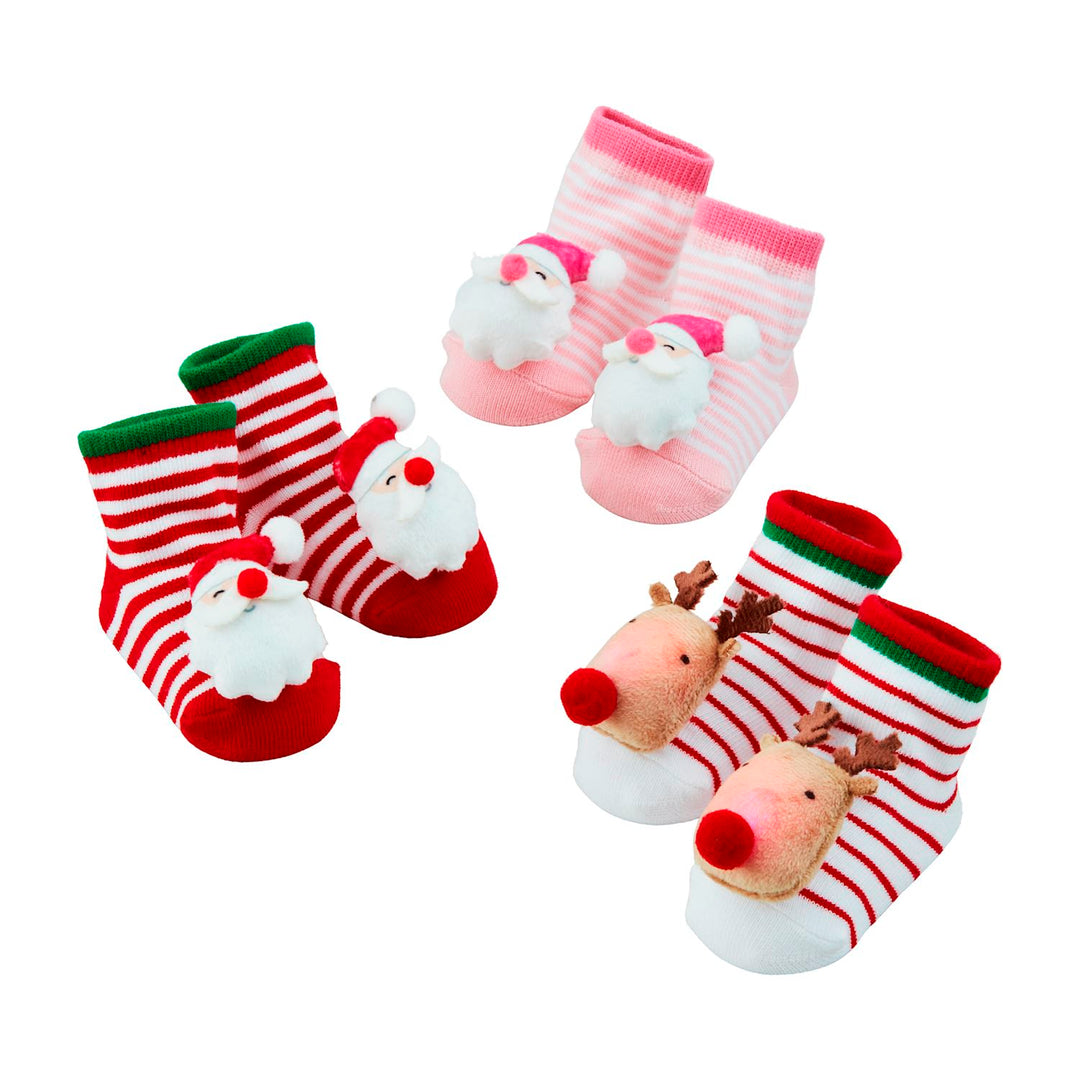 Three pairs of Christmas light-up striped socks with Santa and reindeer plush attachments.