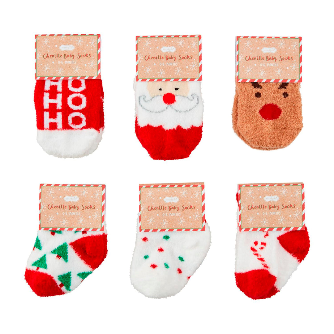 Six pairs of holiday-themed Christmas chenille socks for 0-6 months, featuring “HO HO HO,” Santa, reindeer, Christmas trees, confetti, and candy canes.