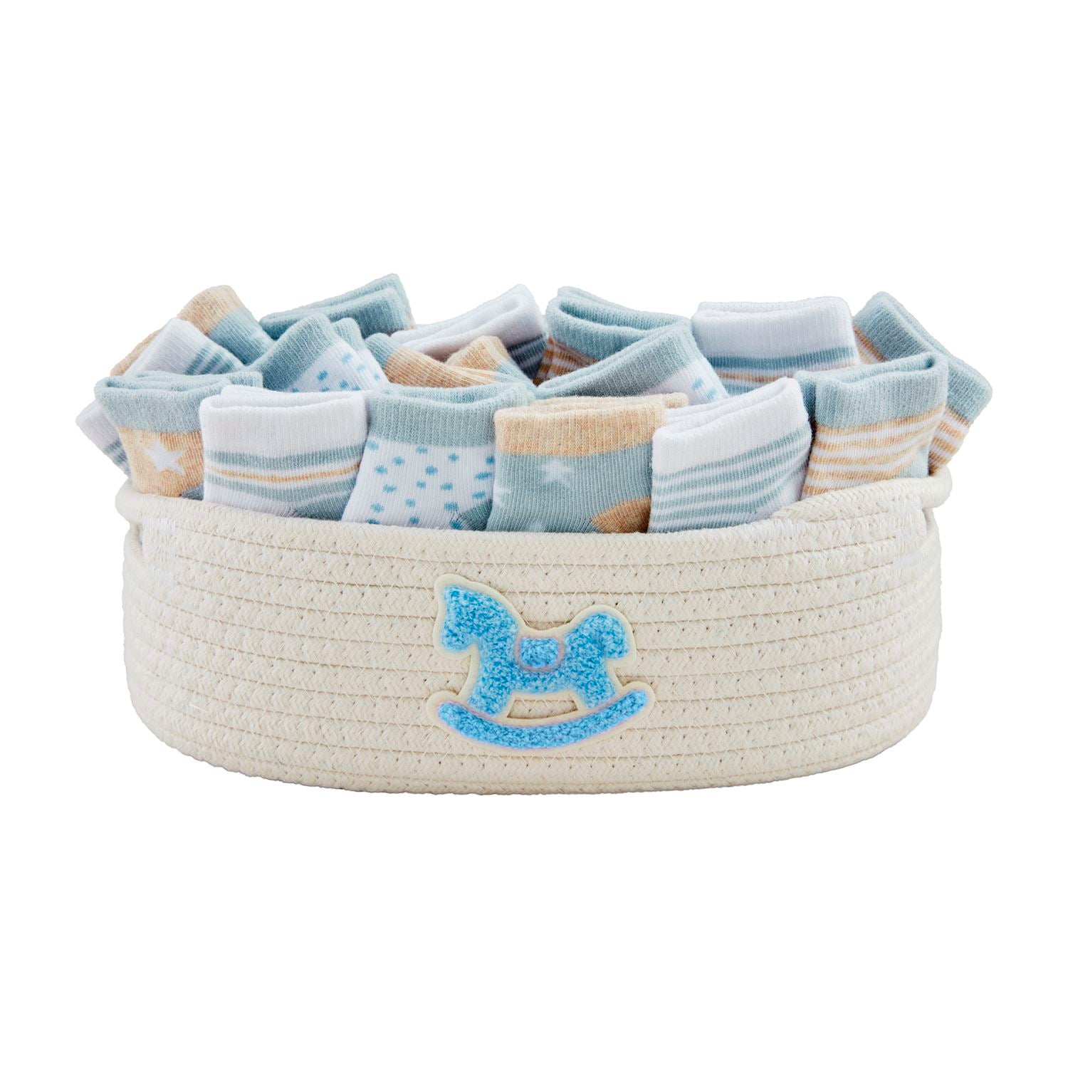Blue Baby Socks set in blue, beige, and white cotton patterns for ages 0-6 months. Sizes: 0-6 months.