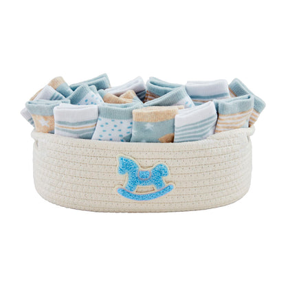 Blue Baby Socks set in blue, beige, and white cotton patterns for ages 0-6 months. Sizes: 0-6 months.