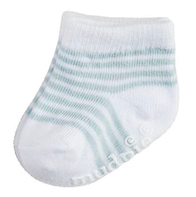 Blue cotton baby sock with light green stripes and grippy white text on sole. Available in 0-6 month size.