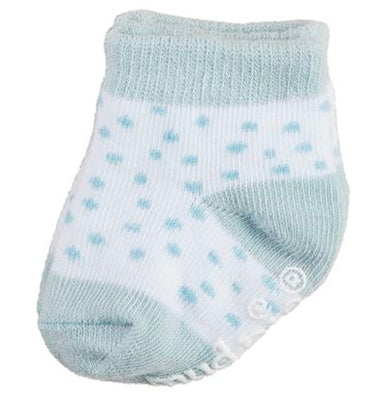 White cotton baby socks with light green toe, heel, cuff, and light blue polka dots. Size: 0-6 months.