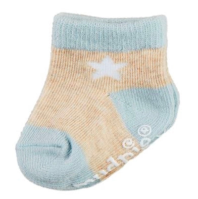 Blue baby socks, cotton, light blue toe/heel/cuff, tan body, white star. Sizes: 0-6 months.