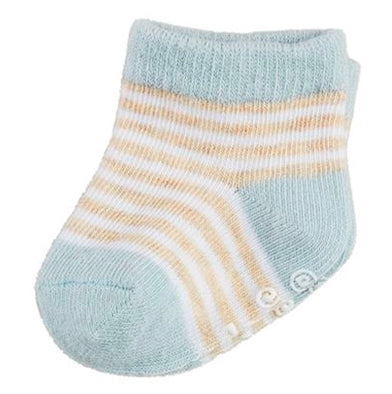 Soft cotton blue baby socks with white and beige stripes, fits infants 0-6 months. Pale blue toes, heel, and cuff.