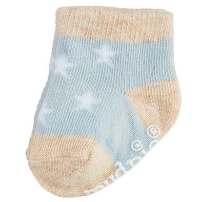 Blue baby sock, cotton, 0-6 months, pale blue and beige with white stars; beige toe, heel, and cuff.