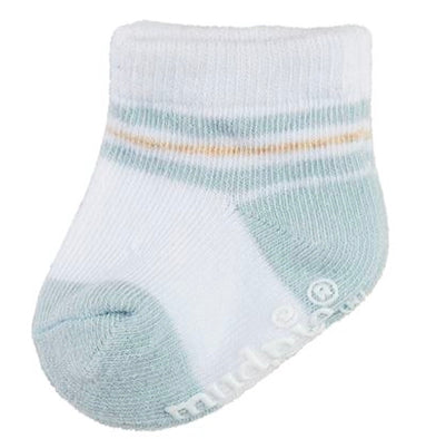 Blue baby sock with white base, green heel/toe, yellow-green cuff stripes, non-slip sole. Size: 0-6 months.