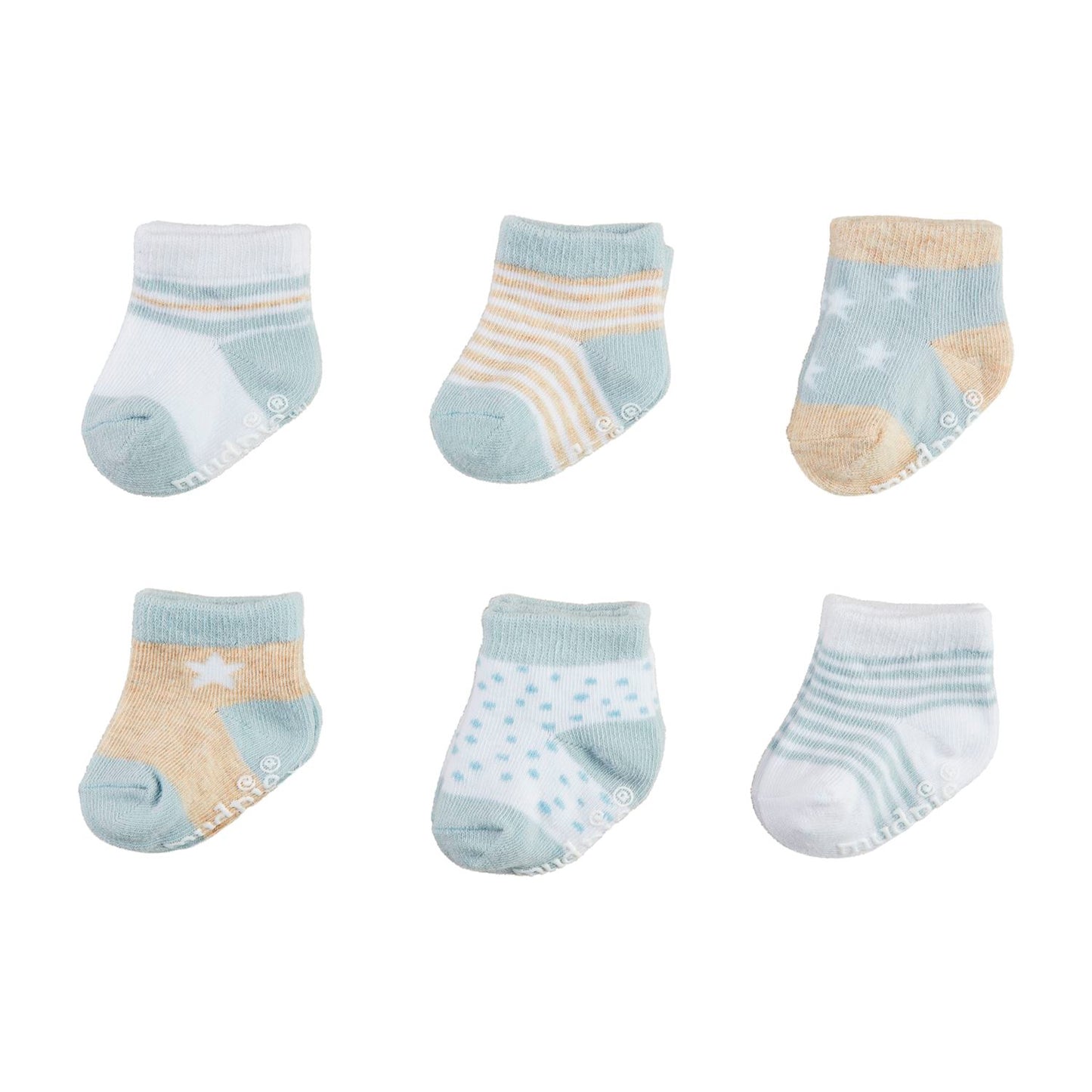 Six pairs of baby socks, 0-6 months, in pastel blue, white, and beige with stripes, stars, and polka dots.