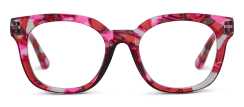 Thick, rectangular marbled pink/red/white frame. Blue-light, anti-reflective lenses. Sizes: small, medium, large.