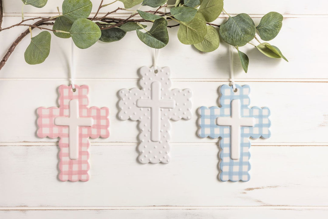 White Scallop Edge Ceramic Cross, available in multiple sizes.