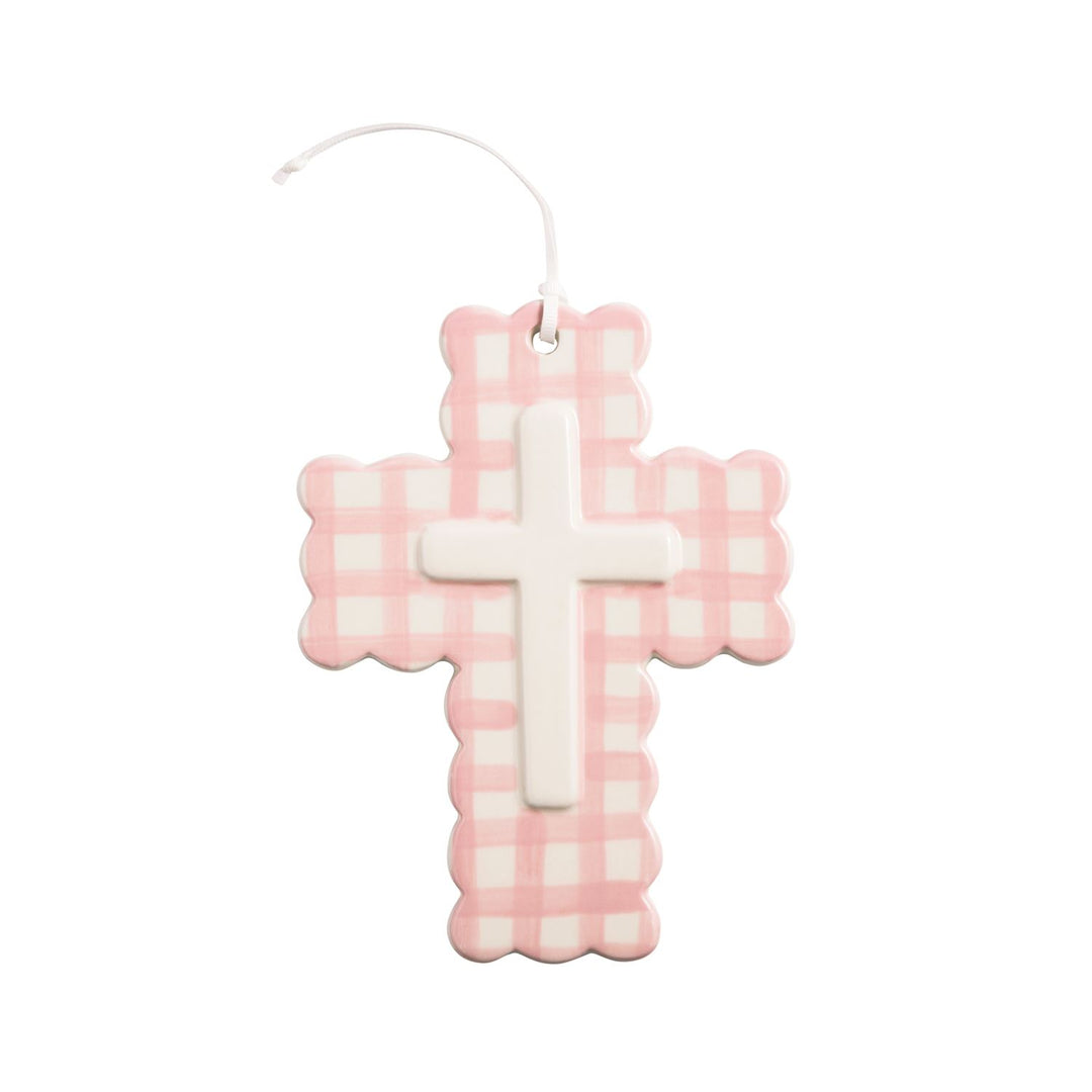 Scallop Edge Ceramic Cross with pink/white gingham, raised white cross, and ribbon loop. Sizes available: small, medium.