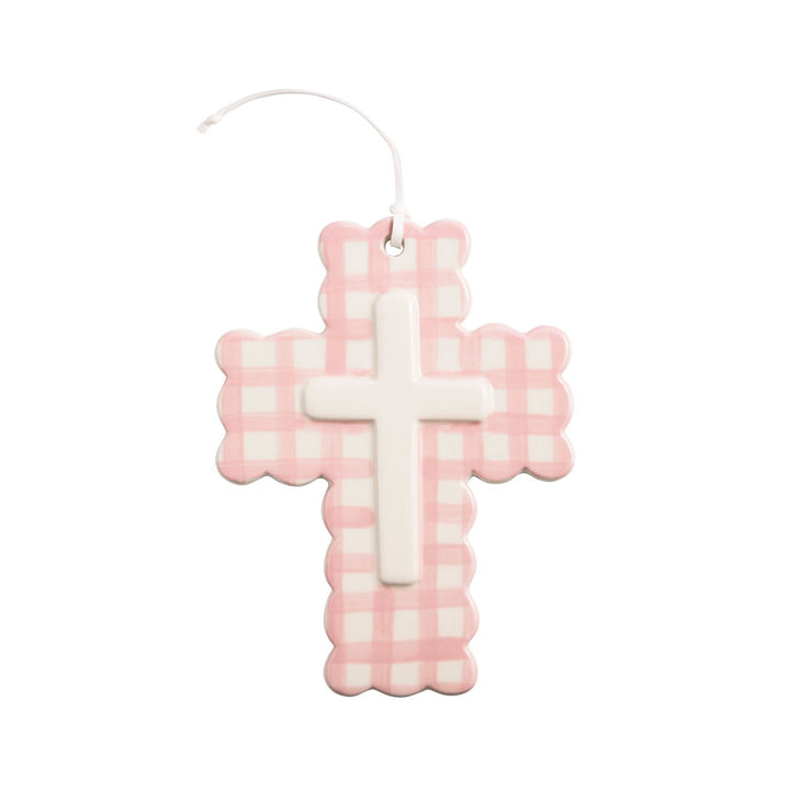 Scallop Edge Ceramic Cross with pink/white gingham, raised white cross, and ribbon loop. Sizes available: small, medium.