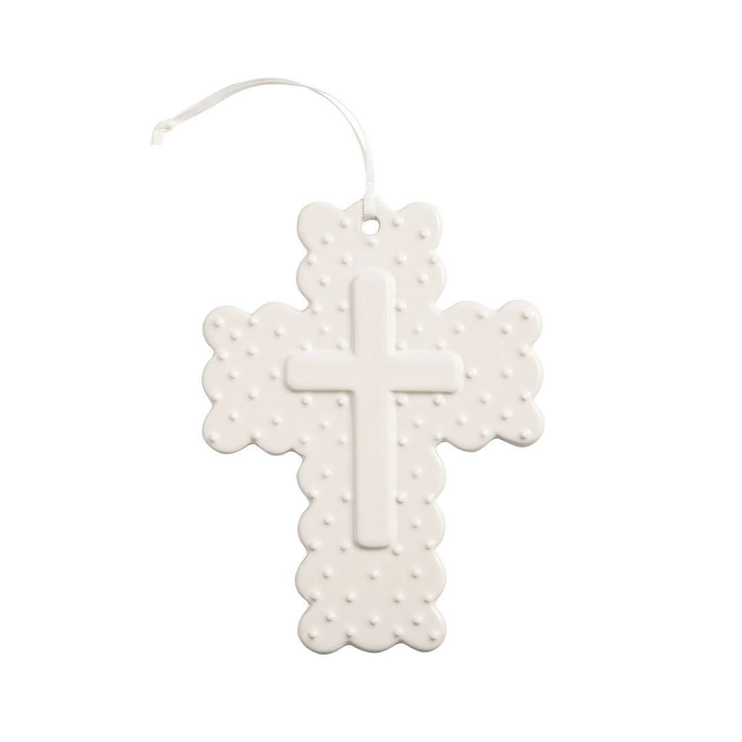 Hand-painted Scallop Edge Ceramic Cross, raised center cross, dotted texture, white ribbon hanger; available in multiple sizes.