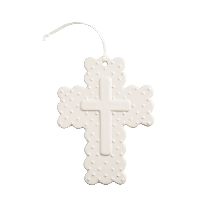 Hand-painted Scallop Edge Ceramic Cross, raised center cross, dotted texture, white ribbon hanger; available in multiple sizes.