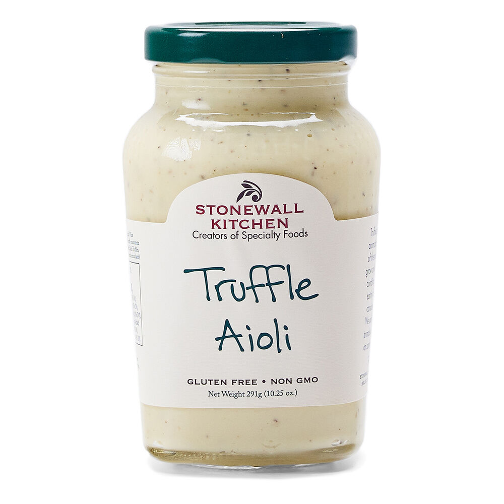 Stonewall Kitchen Truffle Aioli, 10.25 oz glass jar with green lid, labeled "Truffle Aioli." Gluten Free, Non GMO.