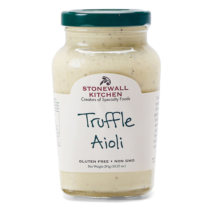 Stonewall Kitchen Truffle Aioli, 10.25 oz glass jar with green lid, labeled "Truffle Aioli." Gluten Free, Non GMO.