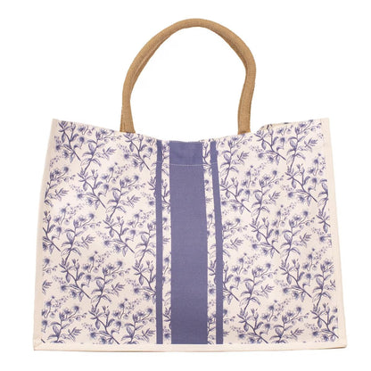 Aldridge Garden Classic Tote: White with blue floral pattern and vertical stripe, rope handles, spacious interior. Available in one size.