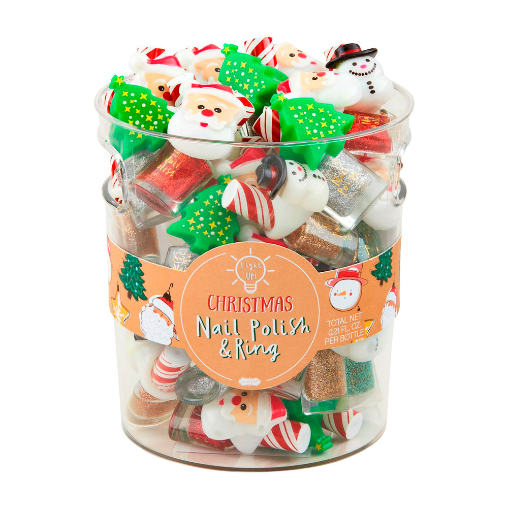 Clear plastic bucket with Christmas non-toxic nail polish and festive ring sets.