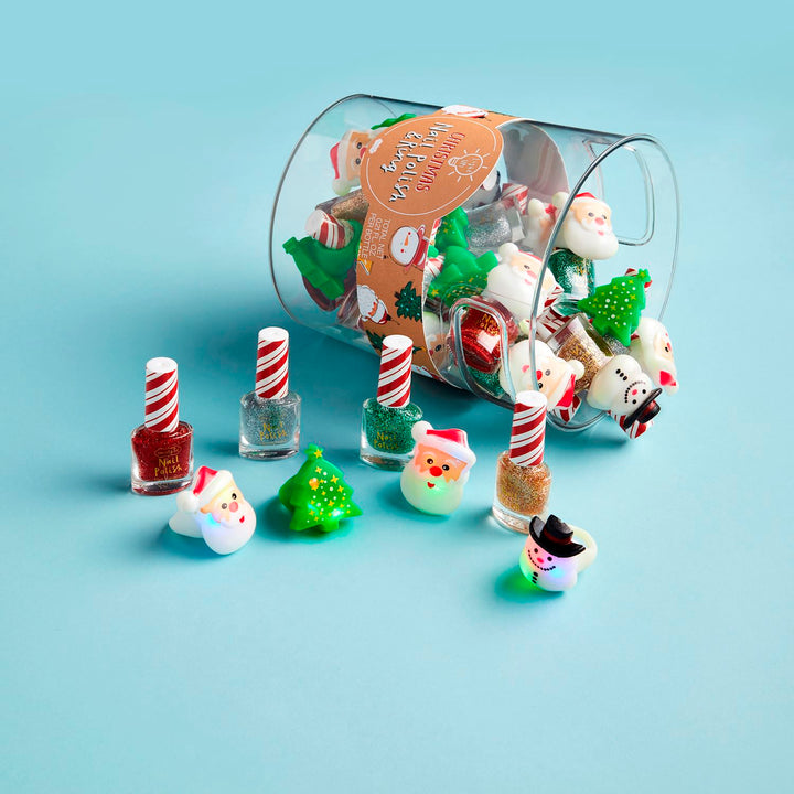 Christmas Nail Polish &amp; Ring Sets in a clear container featuring non-toxic nail polish and LED light-up Santa, snowman, and tree rings.