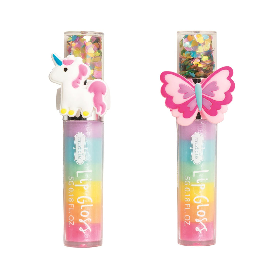 Spring Lip Gloss &amp; Ring Set: two tubes, unicorn ring, butterfly cap, glitter details. Sizes available: one size.