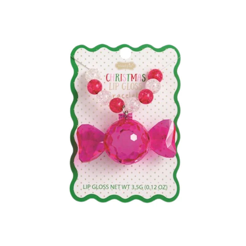 Pink candy-shaped lip gloss charm on a stretchy bead bracelet. One size.
