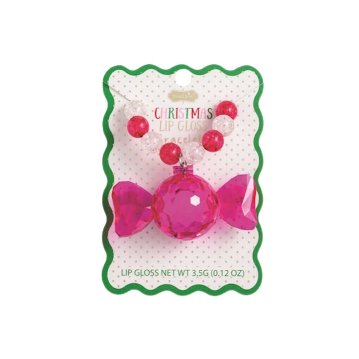 Pink candy-shaped lip gloss charm on a stretchy bead bracelet. One size.