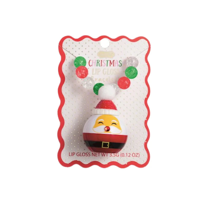Christmas Lip Gloss Bracelet with stretchy beads and Santa Claus lip gloss charm on display card.