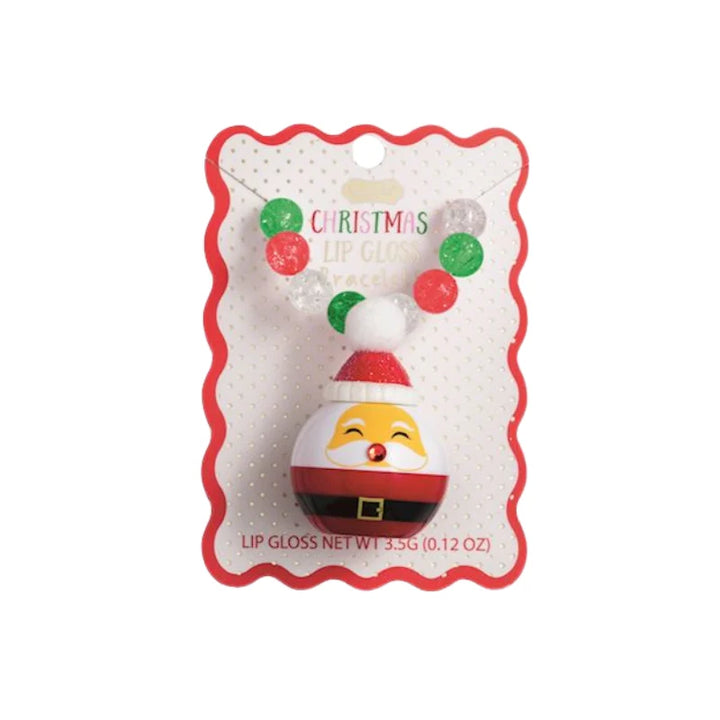 Christmas Lip Gloss Bracelet with stretchy beads and Santa Claus lip gloss charm on display card.