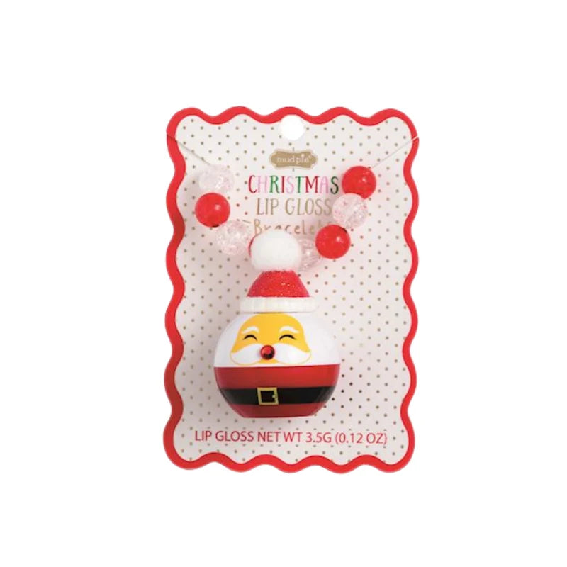 Christmas Lip Gloss Bracelet with stretchy beads and Santa Claus lip gloss charm on a branded holiday gift card.