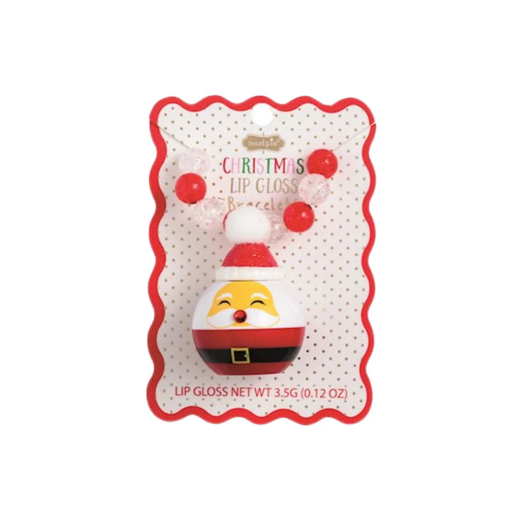 Christmas Lip Gloss Bracelet with stretchy beads and Santa Claus lip gloss charm on a branded holiday gift card.