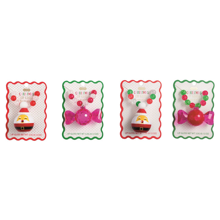Christmas Lip Gloss Bracelets, 4 styles: four stretchy bead bracelets with two Santa-shaped and two candy-shaped lip gloss charms.